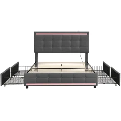 Lit 140x200 cm avec tiroirs, capitonné, rangement, LED, 2 chargeurs USB, sommier à lattes, gris.