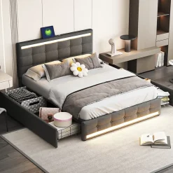 Lit 140x200 cm avec tiroirs, capitonné, rangement, LED, 2 chargeurs USB, sommier à lattes, gris.