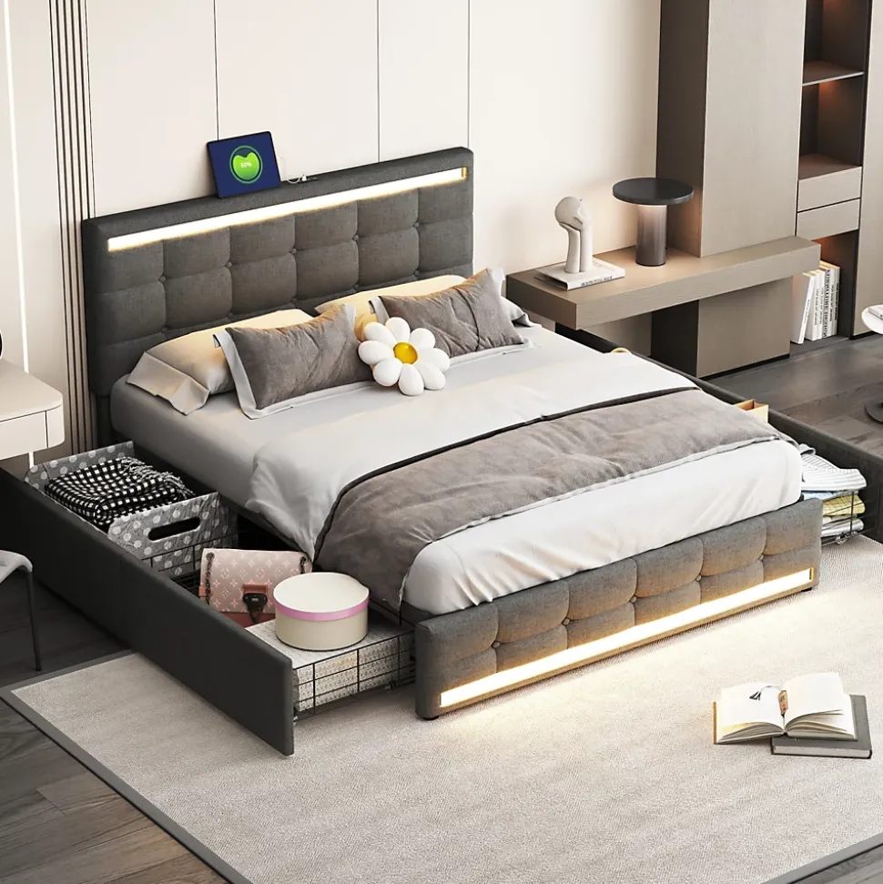 Lit 140x200 cm avec tiroirs, capitonné, rangement, LED, 2 chargeurs USB, sommier à lattes, gris.