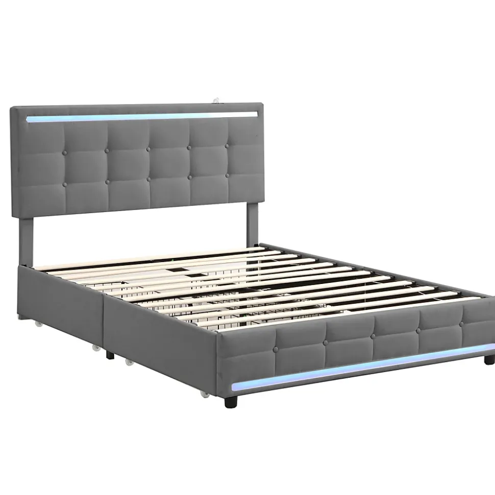 Lit 140x200 cm avec tiroirs, capitonné, rangement, LED, 2 chargeurs USB, sommier à lattes, gris.