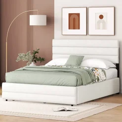 Lit 140x200 cm avec tiroirs de rangement et lit gigogne, tête tapissée lin beige, cadre MDF robuste