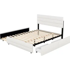 Lit 140x200 cm avec tiroirs de rangement et lit gigogne, tête tapissée lin beige, cadre MDF robuste