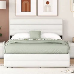 Lit 140x200 cm avec tiroirs de rangement et lit gigogne, tête tapissée lin beige, cadre MDF robuste