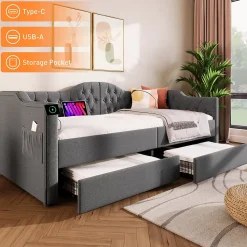 Lit 90x190 cm avec tiroirs de rangement et ports USB C, cadre tapissee lin gris et tete capitonnee vintage