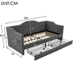 Lit 90x190 cm avec tiroirs de rangement et ports USB C, cadre tapissee lin gris et tete capitonnee vintage