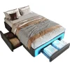 Lit 90x200 cm avec tiroirs de rangement, tapissee PU cuir gris et bande LED RGB, cadre metal robuste, sans tete de lit
