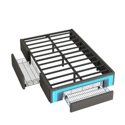Lit 90x200 cm avec tiroirs de rangement, tapissee PU cuir gris et bande LED RGB, cadre metal robuste, sans tete de lit