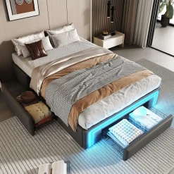 Lit 90x200 cm avec tiroirs de rangement, tapissee PU cuir gris et bande LED RGB, cadre metal robuste, sans tete de lit