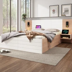Lit 140x200 cm avec tiroirs de rangement et tête de lit avec liseuse 360 et prise USB blanc et chêne