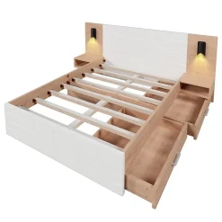 Lit 140x200 cm avec tiroirs de rangement et tête de lit avec liseuse 360 et prise USB blanc et chêne