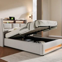 Lit 90x200 cm avec tête capitonnée en lin, éclairage LED multicolore et prise USB intégrée, coffre relevable