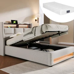 Lit 90x200 cm avec tête capitonnée en lin, éclairage LED multicolore et prise USB intégrée, coffre relevable