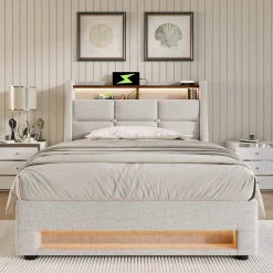 Lit 90x200 cm avec tête capitonnée en lin, éclairage LED multicolore et prise USB intégrée, coffre relevable