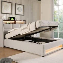 Lit 90x200 cm avec tête capitonnée en lin, éclairage LED multicolore et prise USB intégrée, coffre relevable