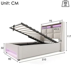 Lit 90x200 cm avec tête capitonnée en lin, éclairage LED multicolore et prise USB intégrée, coffre relevable