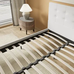 Lit 160x200 Cm Avec Tête De Lit Boutonnée Simili Blanc