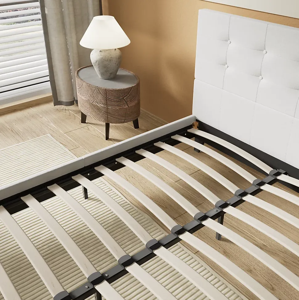 Lit 160x200 Cm Avec Tête De Lit Boutonnée Simili Blanc