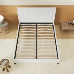 Lit 160x200 Cm Avec Tête De Lit Boutonnée Simili Blanc