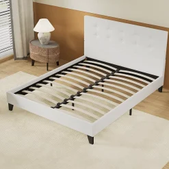 Lit 160x200 Cm Avec Tête De Lit Boutonnée Simili Blanc