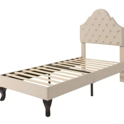 Lit 90x200 cm avec tête de lit réglable et sommier à lattes, revêtement velours beige, design classique