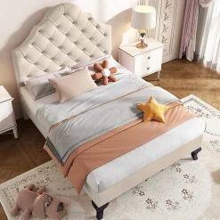 Lit 90x200 cm avec tête de lit réglable et sommier à lattes, revêtement velours beige, design classique