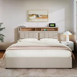 Lit 160x200 cm avec tête de lit réglable et rangement intégré, tapissé lin beige, prise USB/Type-C