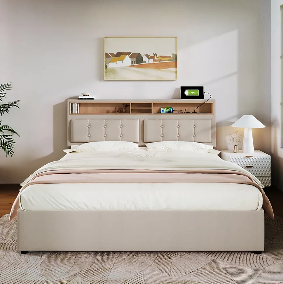 Lit 160x200 cm avec tête de lit réglable et rangement intégré, tapissé lin beige, prise USB/Type-C