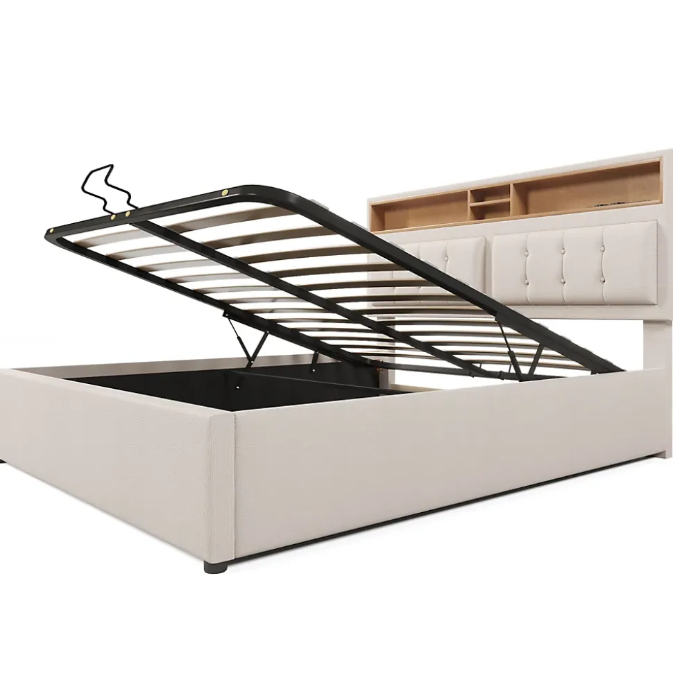 Lit 160x200 cm avec tête de lit réglable et rangement intégré, tapissé lin beige, prise USB/Type-C