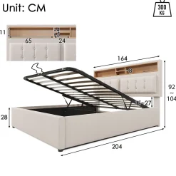 Lit 160x200 cm avec tête de lit réglable et rangement intégré, tapissé lin beige, prise USB/Type-C