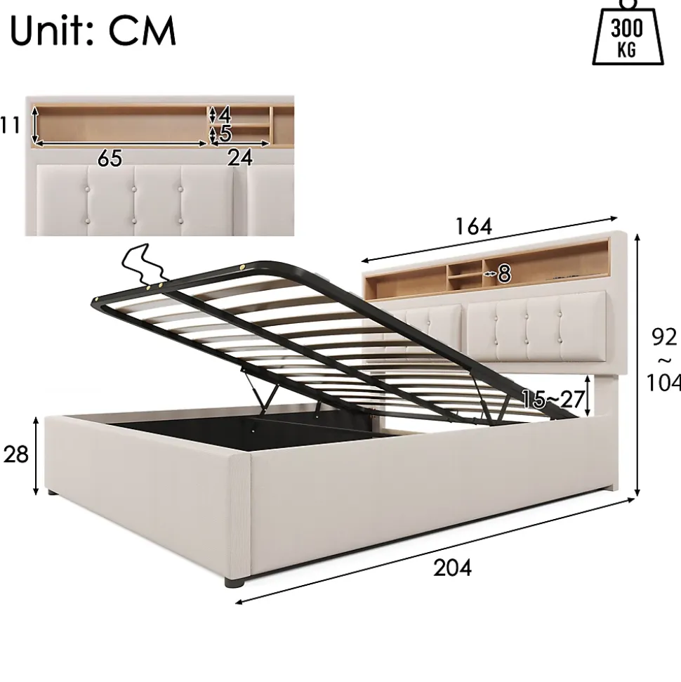 Lit 160x200 cm avec tête de lit réglable et rangement intégré, tapissé lin beige, prise USB/Type-C