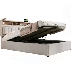 Lit 160x200 cm avec tête de lit réglable et rangement intégré, tapissé lin beige, prise USB/Type-C