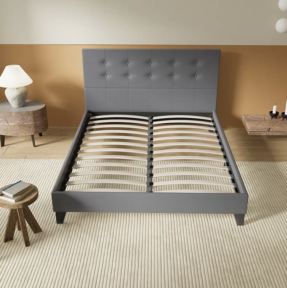 Lit 140x200 Cm Avec Tête De Lit Boutonnée Simili Gris