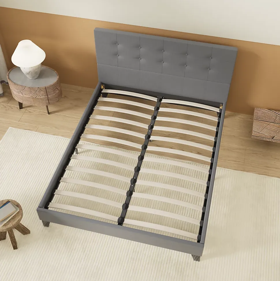 Lit 140x200 Cm Avec Tête De Lit Boutonnée Simili Gris