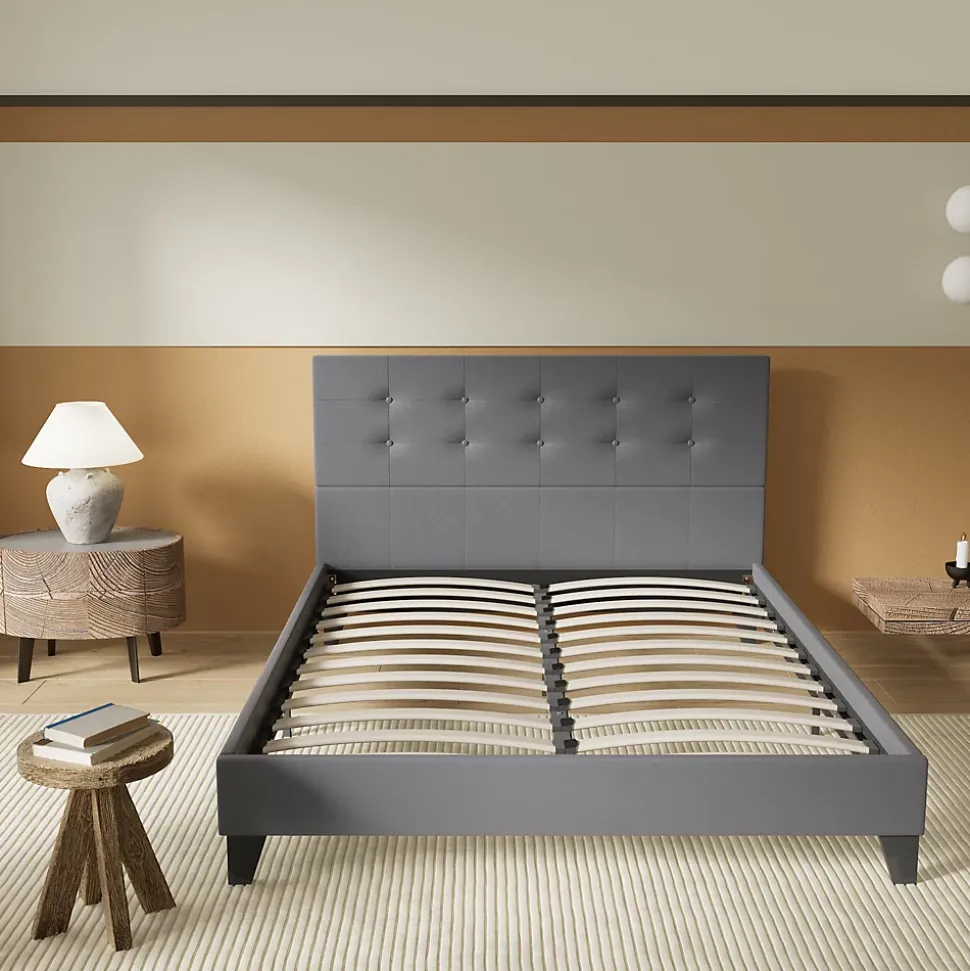 Lit 140x200 Cm Avec Tête De Lit Boutonnée Simili Gris