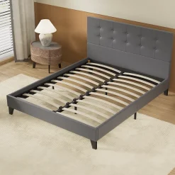 Lit 140x200 Cm Avec Tête De Lit Boutonnée Simili Gris