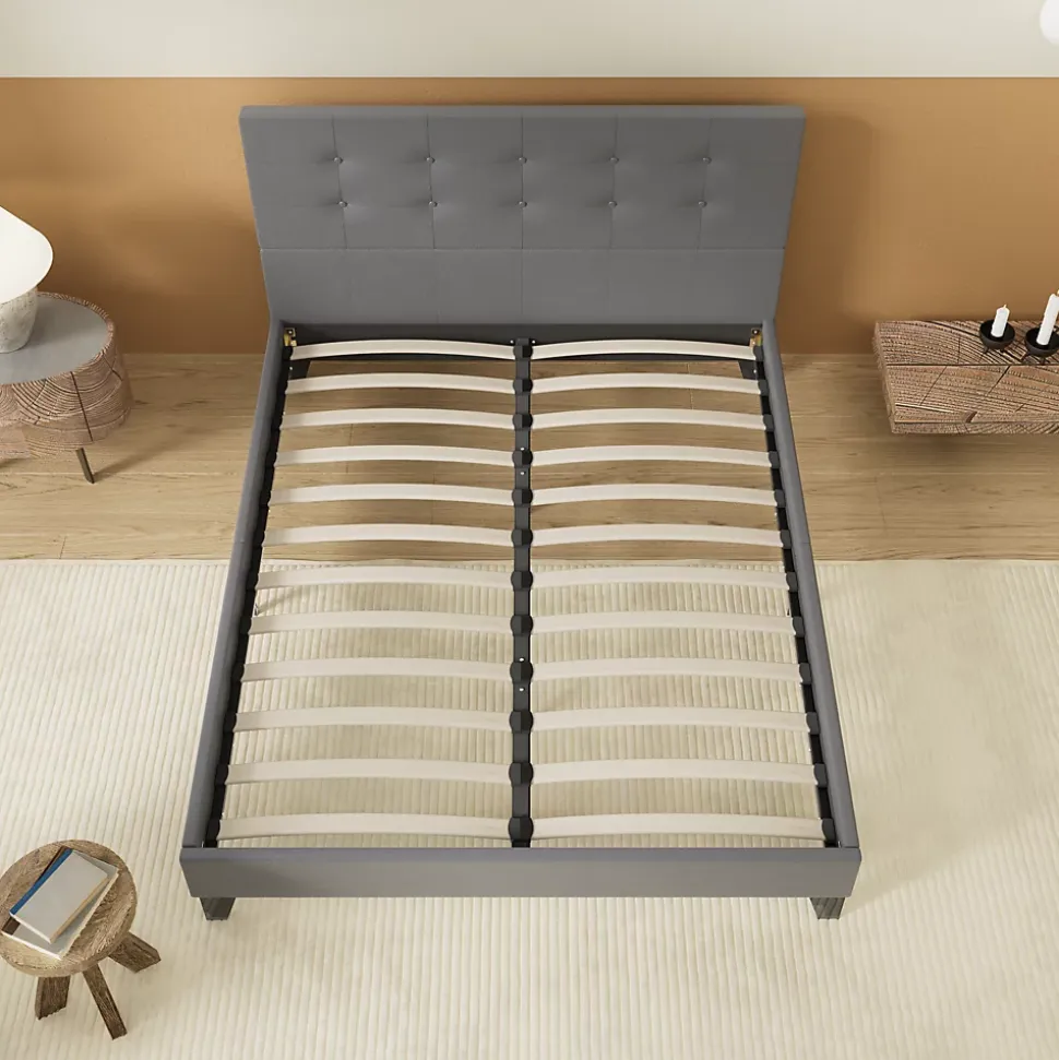 Lit 140x200 Cm Avec Tête De Lit Boutonnée Simili Gris