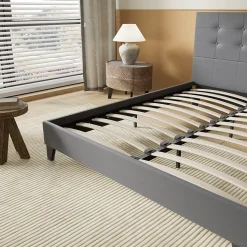 Lit 140x200 Cm Avec Tête De Lit Boutonnée Simili Gris