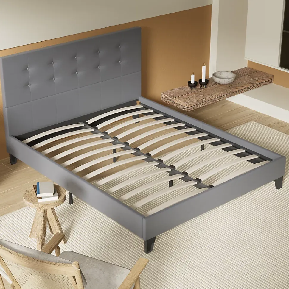 Lit 140x200 Cm Avec Tête De Lit Boutonnée Simili Gris