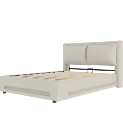 Lit 140x200 cm avec tête de lit fonctionnelle et rangement hydraulique, tapissé lin beige avec LED d'ambiance
