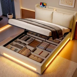 Lit 140x200 cm avec tête de lit fonctionnelle et rangement hydraulique, tapissé lin beige avec LED d'ambiance