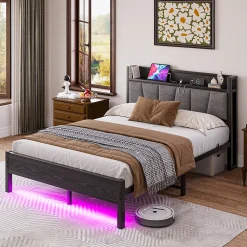 Lit 140x190 cm avec tête de lit rembourrée, cadre métal noir, éclairage LED intégré et rangement