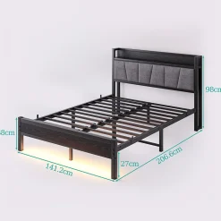 Lit 140x190 cm avec tête de lit rembourrée, cadre métal noir, éclairage LED intégré et rangement