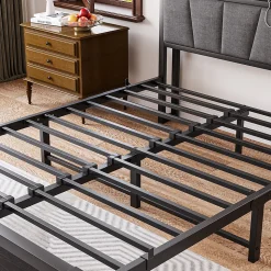 Lit 140x190 cm avec tête de lit rembourrée, cadre métal noir, éclairage LED intégré et rangement