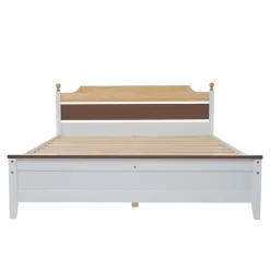 Lit 140x200 cm avec tête de lit colorée blanc/naturel/marron, cadre en pin massif et pieds boules