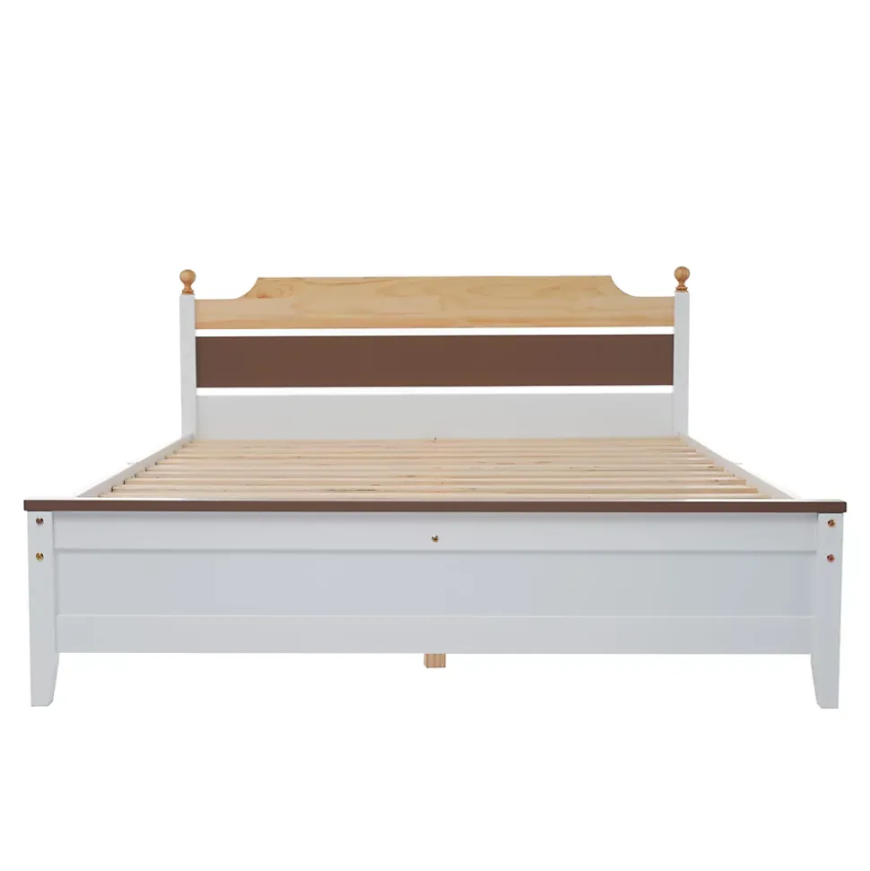 Lit 140x200 cm avec tête de lit colorée blanc/naturel/marron, cadre en pin massif et pieds boules
