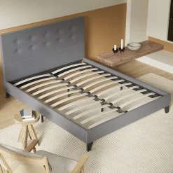 Lit 120x190 Cm Avec Tête De Lit Boutonnée Simili Gris