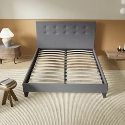 Lit 160x200 Cm Avec Tête De Lit Boutonnée Simili Gris