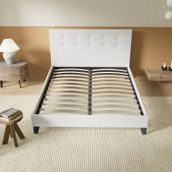 Lit 140x190 Cm Avec Tête De Lit Boutonnée Simili Blanc