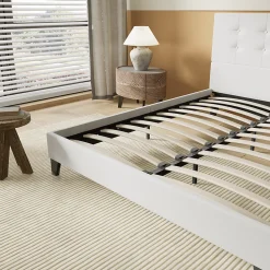 Lit 140x190 Cm Avec Tête De Lit Boutonnée Simili Blanc