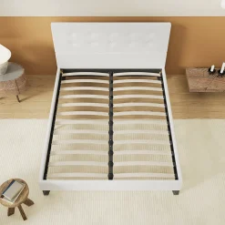 Lit 140x190 Cm Avec Tête De Lit Boutonnée Simili Blanc